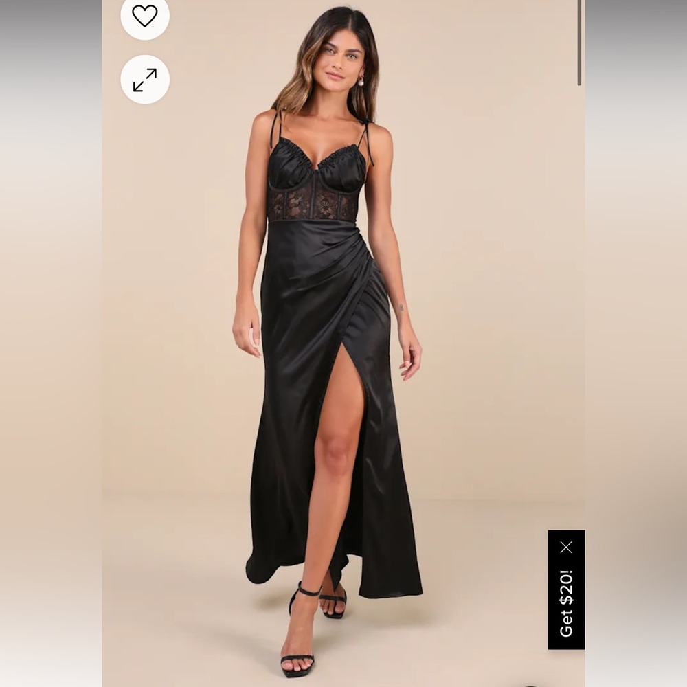 Lulu’s Black Lace Satin Maxi Dress